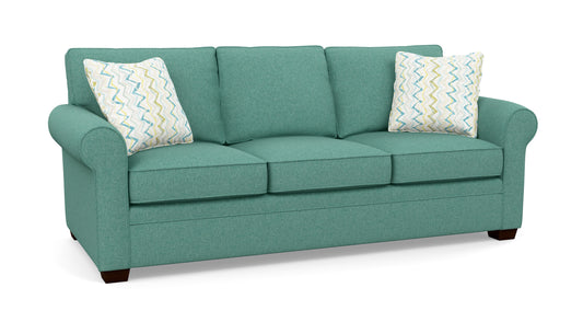 Duncan Sofa with rolled arms, three seat cushions and two toss pillows