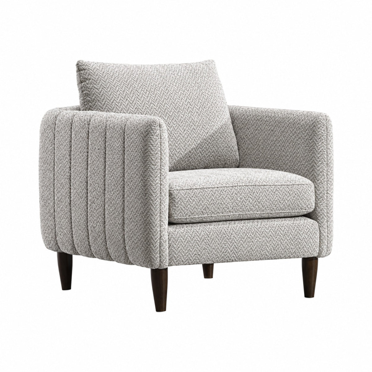 Fernleigh Arm Chair in Fairfax Oyster fabric, with channelled arms and tapered wood legs