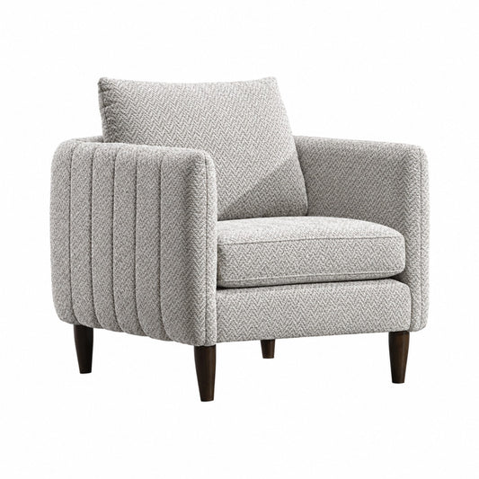 Fernleigh Arm Chair in Fairfax Oyster fabric, with channelled arms and tapered wood legs