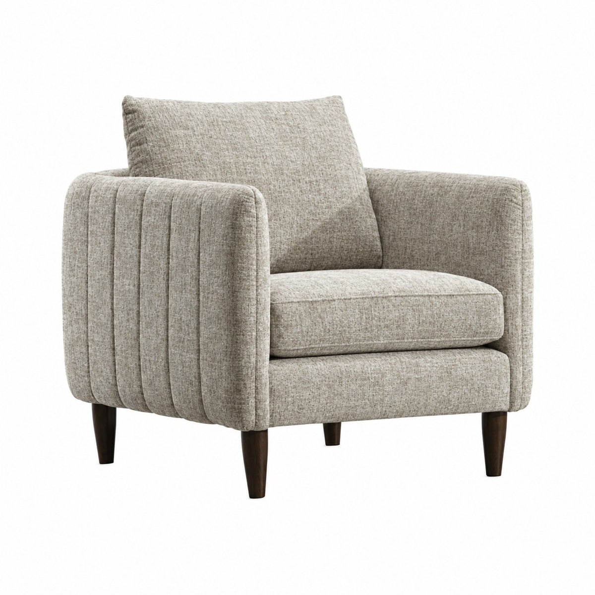 Fernleigh Arm Chair in Dream Mocha fabric, with channelled arms and tapered wood legs