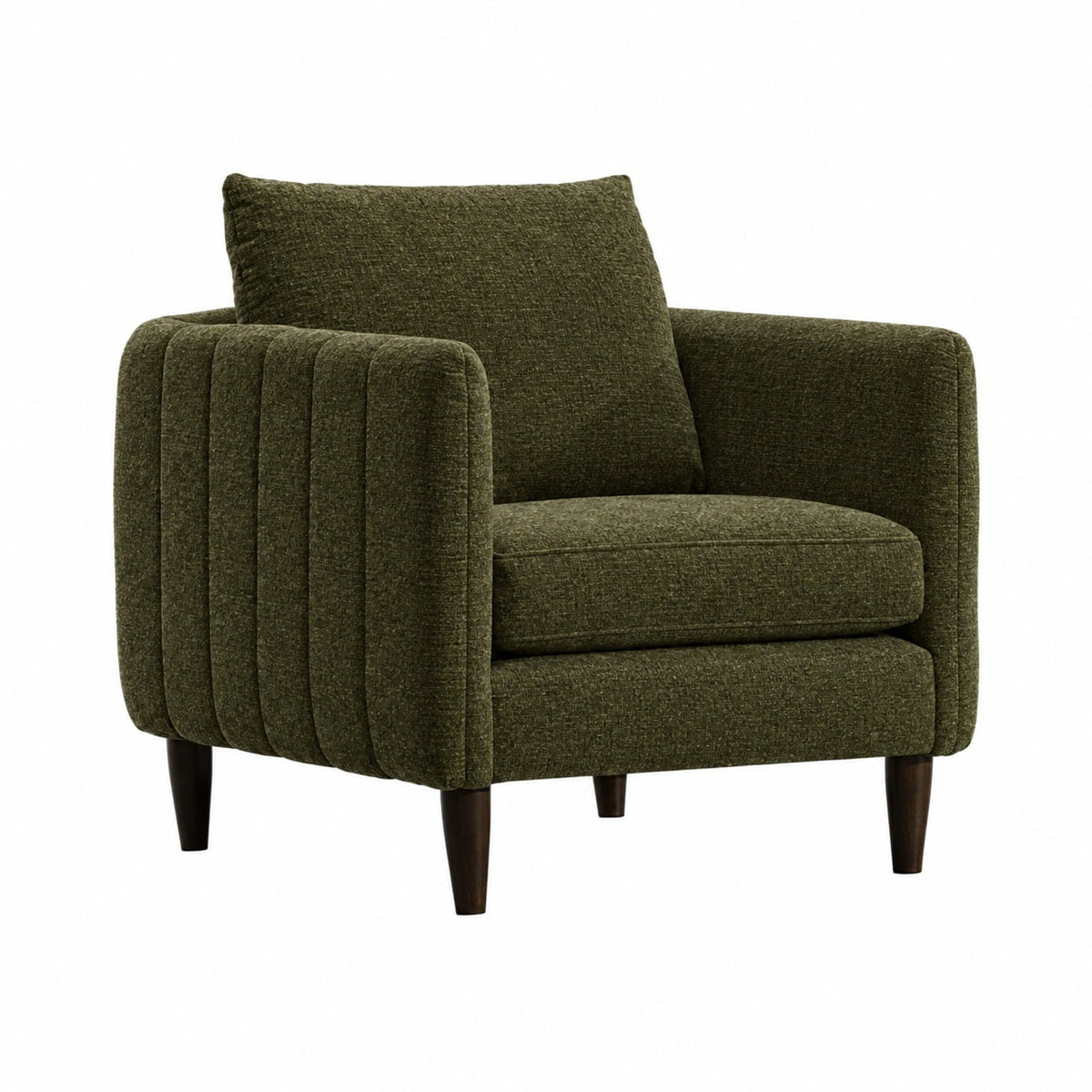 Fernleigh Arm Chair in Camila Olive fabric, with channelled arms and tapered wood legs